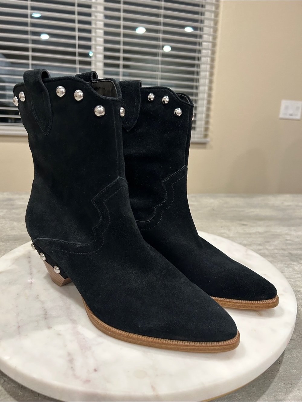 Marc Fisher Black Suede LTD Ryan Western Booties with Silver Stud Accents W-5.5